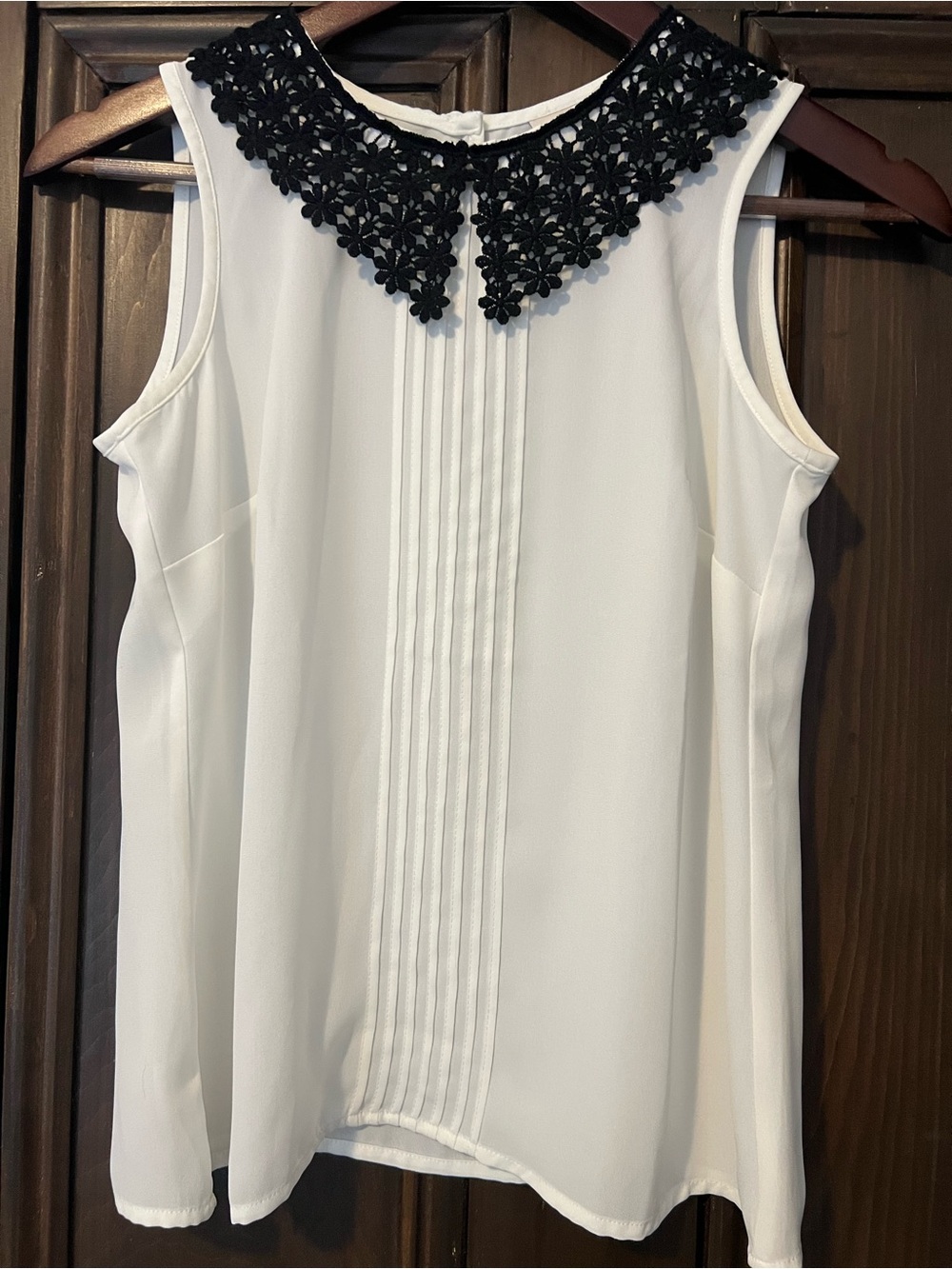 LOFT White Sleeveless Top with Black Floral Lace Collar